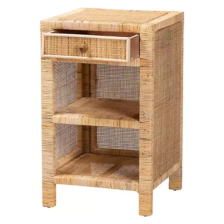 Kirklands Home Nightstands|Woven Rat and Mahogany Wood Nightsd Tan