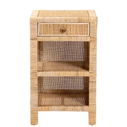 Kirklands Home Nightstands|Woven Rat and Mahogany Wood Nightsd Tan