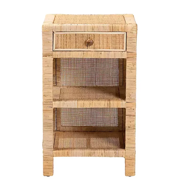 Kirklands Home Nightstands|Woven Rat and Mahogany Wood Nightsd Tan