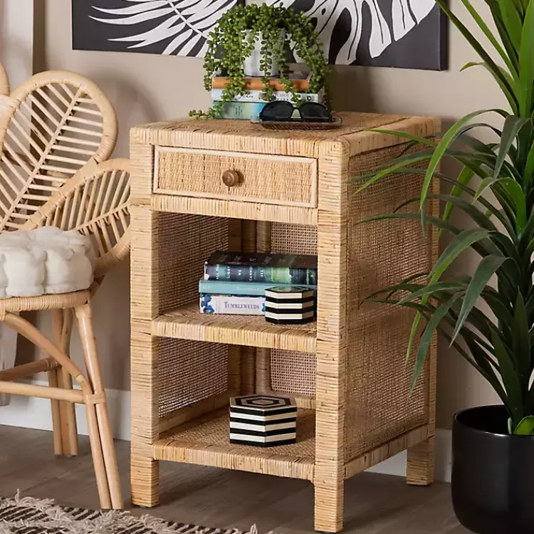 Kirklands Home Nightstands|Woven Rat and Mahogany Wood Nightsd Tan
