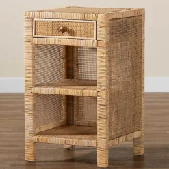 Kirklands Home Nightstands|Woven Rat and Mahogany Wood Nightsd Tan