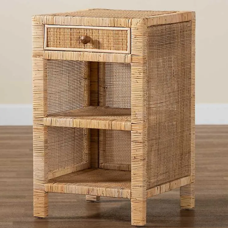 Kirklands Home Nightstands|Woven Rat and Mahogany Wood Nightsd Tan