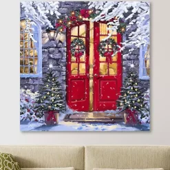 Clearance Wreaths on a Red Door Canvas Art Print Christmas Art & Wall Decor