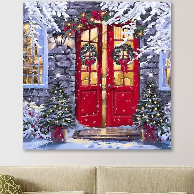 Clearance Wreaths on a Red Door Canvas Art Print Christmas Art & Wall Decor
